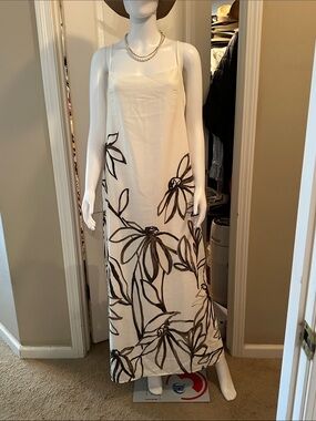 white birch Cream Maxi Slip Dress with Brown Floral Outline